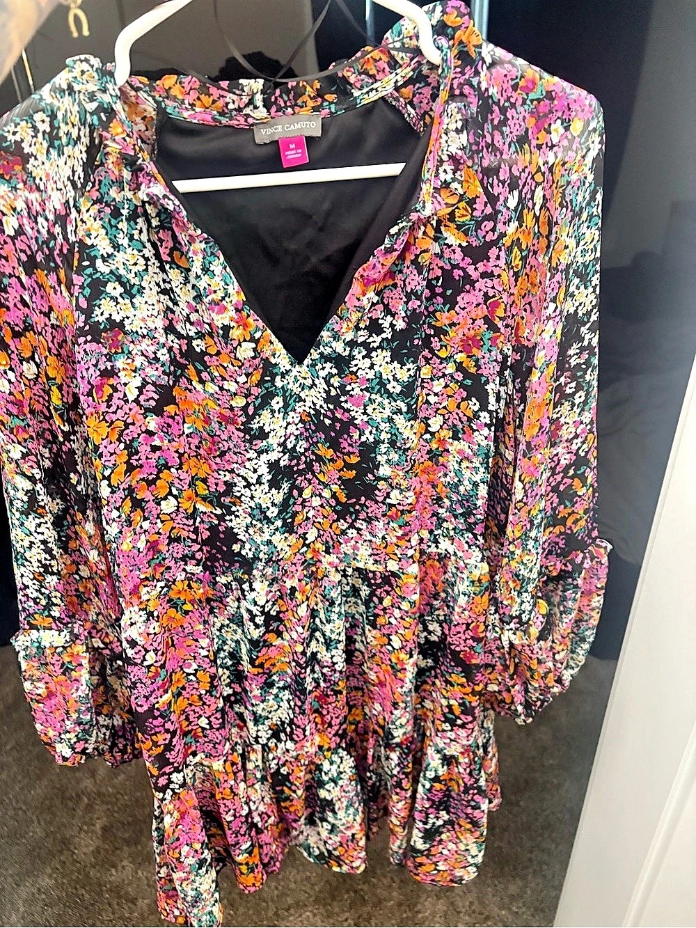 Vince Camuto V-neck Floral Tiered Ruffle Chiffon Mini Dress